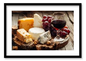 Assorted cheeses with grapes and a glass of red wine on a rustic wooden board