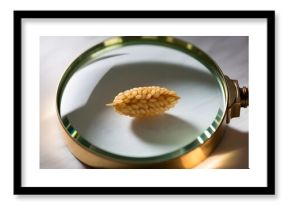 Magnified View of a Single Rice Seed Head, Macro Photography of Uncooked Rice Grains Cluster, Golden Rice Kernels Under a Magnifying Glass, Scientific Look at Premium Rice Grain Structure