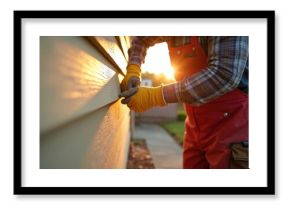 Construction worker installing siding on a house during sunset. The worker wears yellow gloves and red overalls. Sunlight illuminates the exterior wall, highlighting the siding installation process.
