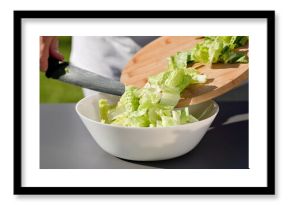 chef put in bowl sliced fresh green romaine lettuce leaves