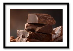 Chunks of rich dark chocolate stacked on a wooden surface surrounded by cocoa beans in a cozy setting.