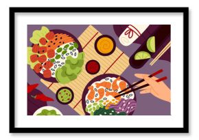 Poke bowl table. Top view serving, hand with chopsticks, asian healthy food, rice, vegetables, salmon and meat, meal ion restaurant, cartoon flat style isolated garish vector concept