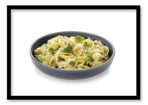 Bowl of delicious conchigile rigate pasta with broccoli and cheese on white background