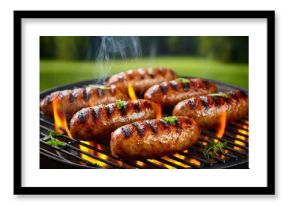Delicious sausages grilling on barbecue with flames and smoke