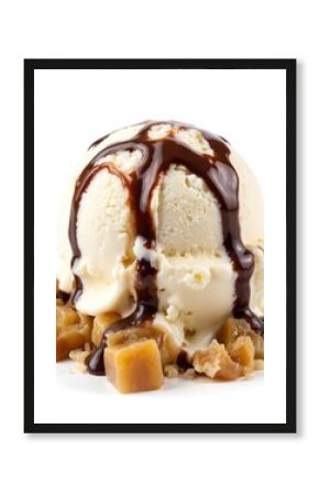 Creamy vanilla ice cream scoop generously drizzled with rich chocolate sauce, surrounded by sweet caramel chunks on clean white background. Delicious dessert offers tempting treat, perfect for