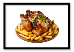 Juicy roasted whole roasted chicken placed on pile of French fries, isolated on white transparent background, concept of fast food
