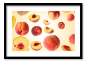 Fresh peaches whirling in air against beige gradient background