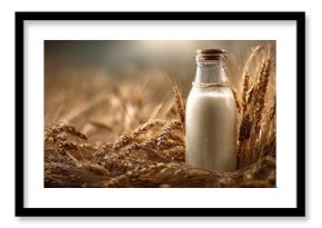 Organic milk bottle nestled in golden wheat stalks. Harvest season