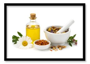 Natural Medicine Still Life – Golden Oil, Herbs & Daisy Composition