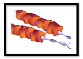 Cartoon grilled meat skewers with juicy roasted pieces on twisted metal sticks. Tasty barbecue dish, kebabs on white background. Vector cooking process, cook food for bbq and outdoor picnic party