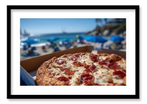 Pepperoni pizza with bubbling cheese and crispy crust sits in delivery box on sunlit beach, with beachgoers relaxing under bright parasols and sailboats visible on the horizon
