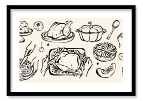 Autumn traditional food icon, thanksgiving day holiday table hand drawn doodle line illustration set. Harvest fall pumpkin, celebration turkey, dessert pie, November eatery design element. Autumn food