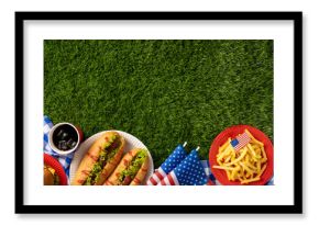Picnic arrangement celebrating Labor Day or Independence Day with classic American dishes including hot dogs, fries placed on a picnic cloth with patriotic flags for a festive outdoor gathering
