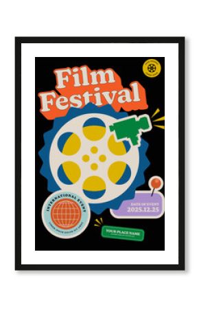 Movie festival poster template vintage film sticker icon minimal style on black background