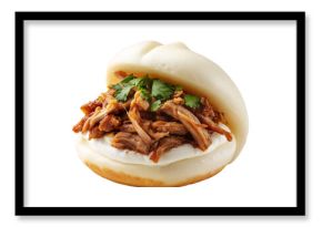 Polynesian steamed bao bun filled with shredded pork, creamy sauce, and cilantro leaves, isolated on white transparent background, concept of Polynesian Snacks Keke Pua street food