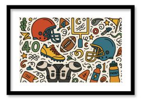 Colorful football doodle with helmets, shoes, and energy drink amidst whistles and confetti