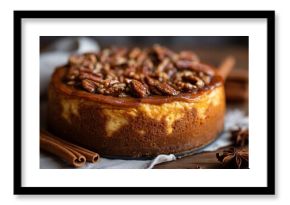 Whole Pumpkin Cheesecake with Candied Pecans on Rustic Wooden Table