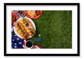 Festive picnic setting with hotdogs, burgers, fries, and desserts for an American celebration like Labor Day or Independence Day, emphasizing patriotism and gatherings