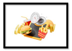 Cheeseburgers, fries, soda, and measuring tapes around a broken weight scale with high reading, on white background. Concept of unhealthy diet. 3D Rendering