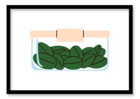 Spinach in closed glass container. Fresh green leaves storage, sealed with lid. Healthy organic natural farm produce, leaf food in package. Flat vector illustration isolated on white background