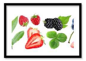 Various berries and green leaves isolated on white, set
