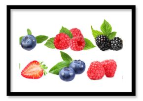 Various berries and green leaves isolated on white, set