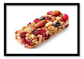 Granola bar with nuts and fruits on a clean white background