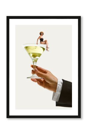 Surreal artwork. Woman in swimsuit sitting on martini glass with olives. Concept of food and beverage branding, lifestyle visuals, summer tourism promotion, and art decor campaigns.