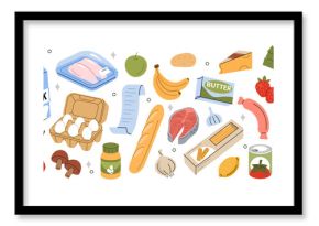 Grocery products in supermarket packages. Fruits and vegetables, eggs, meat, fish, baguette, pasta and other groceries, goods, processed and fresh food. Healthy eating concept. Vector illustration.