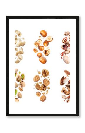 Set of various crushed dried nuts close-up in the air on a white background