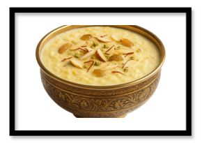 Indian rice pudding kheer in a decorative bowl.