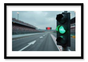 Green traffic light signals start at race track intersection. Vehicles proceed on motor sport event under cloudy sky. Safety governance for race management and competition.