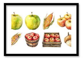PNG Watercolor harvest fruits vegetables, element set on transparent background