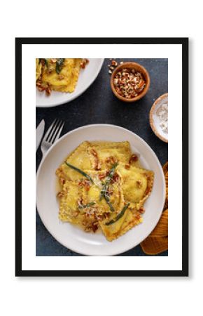 Pumpkin ravioli with brown butter pecan sauce and sage