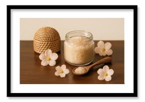Artistic composition of exfoliating salts with wellness accessories