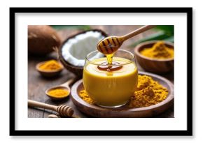 Wooden table with a jar of honey and turmeric, emphasizing nutritious food choices