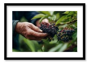 Elderberries being carefully picked from cluster. Natural foraging concept