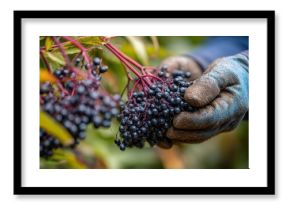 Elderberries being carefully picked from cluster. Natural foraging concept