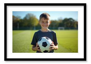 Young boy holds soccer ball on soccer field. Boy dressed in gray t-shirt and black shorts. Vibrant green grass, clear blue sky. Rich green field surrounds him.