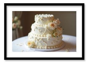 Three-tiered wedding cake with white fondant base, intricate floral designs. White roses, daisies adorn cake, creating sophisticated look. Scattered rose petals surround cake, emphasizing