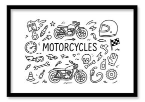 Hand drawn motorcycles doodle with helmet, tools, and skull motifs