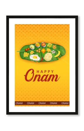Sadya feast on banana leaf in celebration background for Happy Onam festival of South India Kerala
