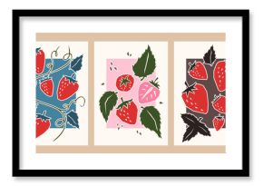 Modern fruit poster collection with ripe strawberry slices and leaves patterns for kitchen wall decor. Minimalist botanical prints with geometric shapes for contemporary interior design.