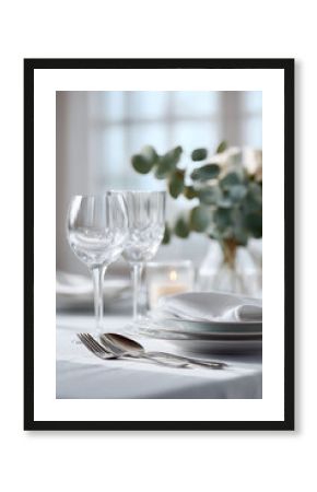 Elegant table setting with crystal glasses, plates, and cutlery. Soft, blurred background with flowers  candlelight evoke sophistication. Ideal for events, dining, or celebrations.