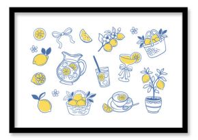 Lemon fruit icon in hand drawn blue and yellow Set doodle style . Summer vector illustration with citrus, basket, glass, tree, bow. Lemon design for wedding invitation, poster, menu