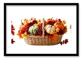 Rustic wicker baskets filled with pumpkins, gourds, and autumn leaves on a transparent background
