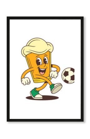 Cheerful cartoon beer glass mascot with frothy head kicking a football and smiling with joy. Perfect for brewery promotion, sports bar design, or beer event branding. Vector illustration
