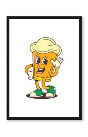 Yellow cartoon beer glass character with big foam head, green sneakers, smiling face and waving hand. Comic mascot emoji icon with positive gesture and emotion. Vector illustration