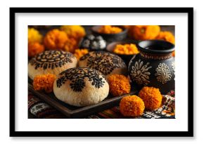 Spanish Mexican traditional holiday, autumn festivalDay of the Dead (dia de lo muertos) background. Withtraditional Pan de Muerto read, decorations and mariold and cempasuchil flower