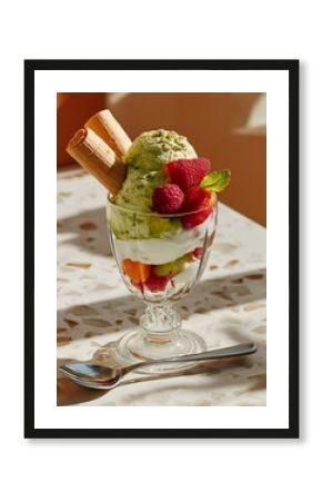 Delicious layered parfait with green tea and vanilla ice cream, fruits, and wafer rolls in glass cup under natural sunlight